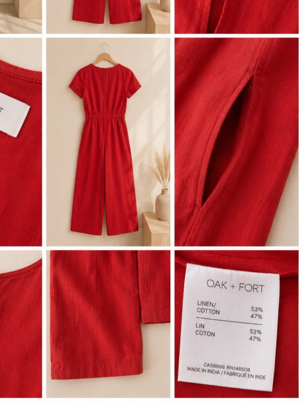 OAK + FORT Poppy Red Linen Blend Jumpsuit • Wide Leg • Size Small - Picture 2 of 9